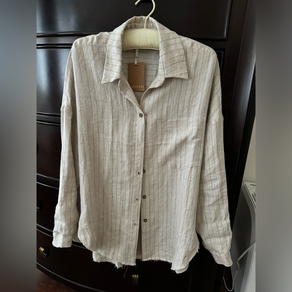 Rebecca King one-of-a-kind sample oatmeal linen stripe button down shirt top - Picture 2 of 10